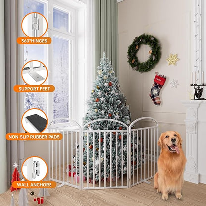 3 Panles Full Matel Freestanding Dog Gates with Door, 72"Extra Wide 32"Tall Free Standing Dog Pet Gate for Indoor & Outdoor. Foldable Pet Fences for Doorways, House, Stairs, Porch, Deck, Yard