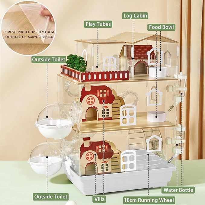 17 in 1 Clear Acrylic Hamster Cage with All Accessories,13.5''L* 10''W* 21''H Dwarf Hamster Cage,Magnetic Connection Small Hamster Enclosure,Garden Style Wooden Mouse Cage for Pet Mice(3-Layer,White)