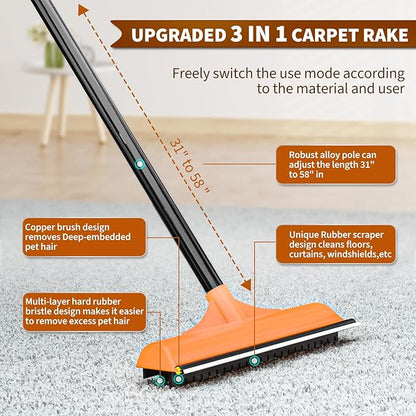 3 in 1 Carpet rake Kit for Pet Hair Removal Tool - Reusable Pet Hair Remover broom w 58"Adjustable Long Handle, Dog & Cat Carpet Scraper, Pet Hair Remover for Rugs, Mats, Couch, Curtains(Orange)