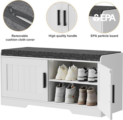 2-Tier Storage Bench, Shoe Bench with Thickened Padded Seat Cushion, Entryway Bench with 2 Doors, Adjustable Shelf, 13.8" D x 37.4" W x 18.5" H, for Entryway, Living Room, Bedroom, White