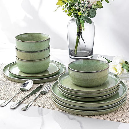 GBHOME Ceramic Dinnerware Sets for 8, 24 Pieces Stoneware Plates and Bowls Sets, Scratch Resistant Dishes, Dishwasher & Microwave Safe-Pastel Green