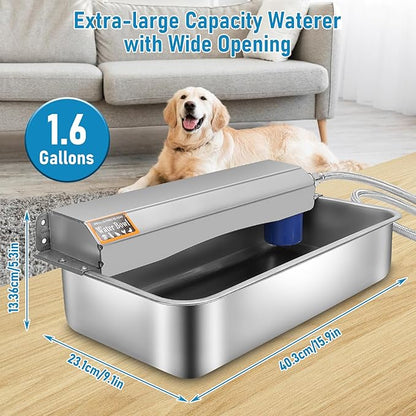6L Automatic Dog Water Dispenser Bowl for Large Dogs, 304 Stainless Steel Wall Mounted Pet Waterer with Float Valve, Self-Filling Outdoor Water Trough for Pets/Livestock