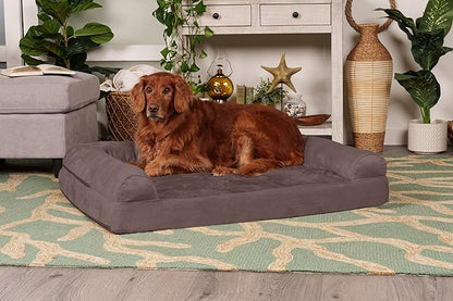 Furhaven Orthopedic Dog Bed for Large Dogs w/ Removable Bolsters & Washable Cover, For Dogs Up to 95 lbs - Faux Fur & Velvet Sofa - Driftwood Brown, Jumbo/XL