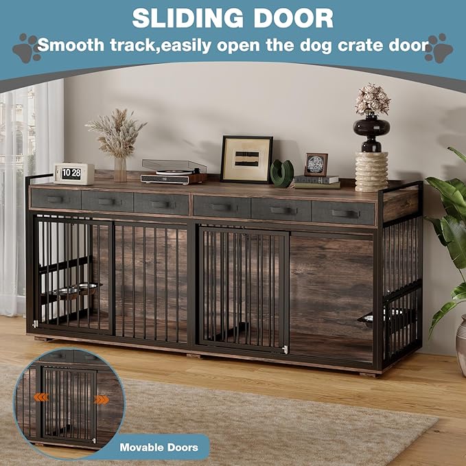 86.6Inch Large Double Dog Crate Furniture,Heavy Duty Metal Frame Dog Crate Kennel with Adjustable Feeder Bowls and Removable Divider&Drawers,Chew-Resistant Dog Kennel for 2 Dogs Indoor