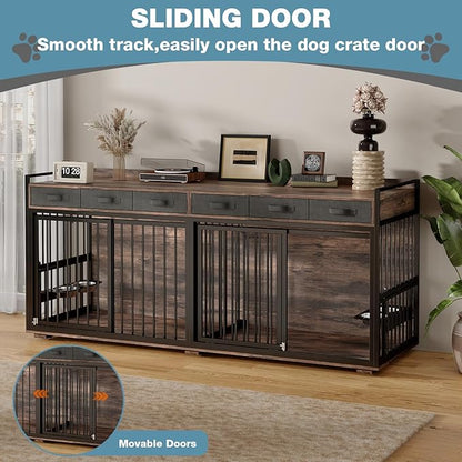 86.6Inch Large Double Dog Crate Furniture,Heavy Duty Metal Frame Dog Crate Kennel with Adjustable Feeder Bowls and Removable Divider&Drawers,Chew-Resistant Dog Kennel for 2 Dogs Indoor