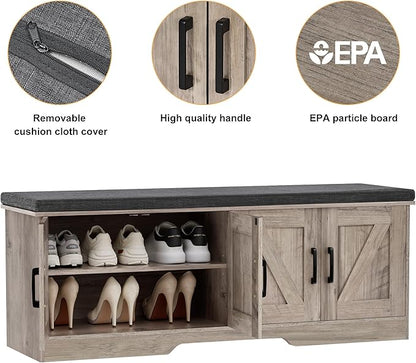 2-Tier Storage Bench, Shoe Bench with Padded Seat Cushion, Entryway Bench with 4 Barn Doors, Adjustable Shelf, 13.8" D x 47.2" W x 17.7" H, for Entryway, Living Room, Bedroom, Greige