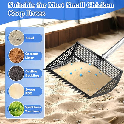 12 Inch Chicken Poop Scooper & Rake 2-in-1, Large Metal Shovel Head, Rubber Handle Stainless Steel Chicken Litter Scoop for Chicken Coops, Litter Screening Scoop (35 to 65in) US Patent Pending (Black)