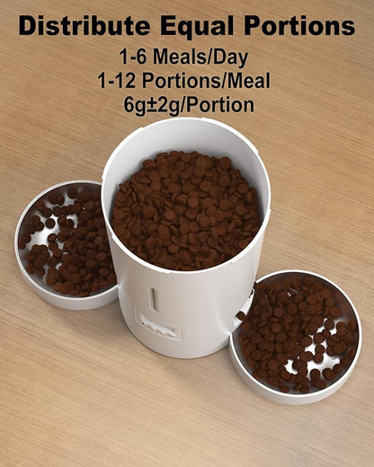 Dual Automatic Cat Feeder 2 Cats,6 Meals/Day,12 Portions/Meal,4.2L Dual Power Double Bowls Feeder,Dry Food Auto Pet Dispenser,10S Voice Record,Flexible Schedule Timer(White,Stainless Dual Bowls)