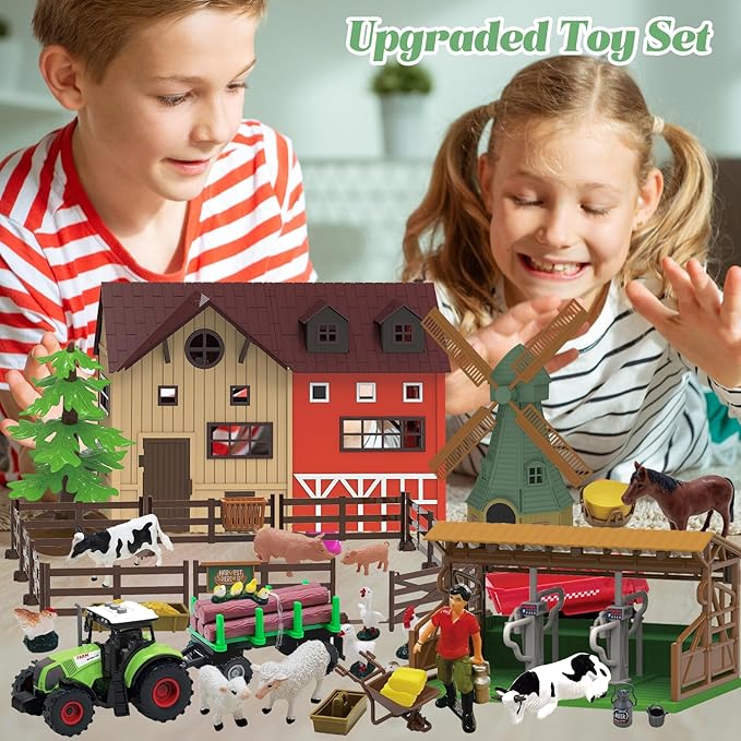 136PCS Farm Animals Toys Set Comes with Barn, Tractor Trailer, Milking shed, Windmill, Farmer, Fence - Playset for Kids Toddlers Boys Girls 5+ Years Old