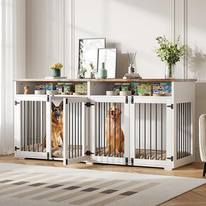 72'' Dog Crate Furniture for 2 Dogs, Wooden Dog Cage with Storage Compartment, Indoor Dog Kennel with 4 Doors for Large/Medium Dogs, White