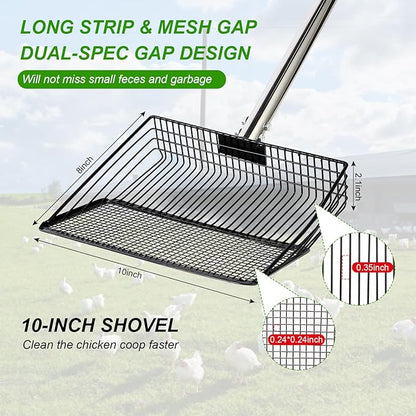 10inch Large Metal Chicken Poop Scooper, 36" to 75" Long Chicken Coop Litter Scoop with Stainless Steel Adjustable Handle, 4 in 1 Detachable Litter Sifting Shovel Scoop for Chicken Coop Accessories