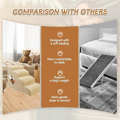 Dog Stairs, Romrol Dog Steps Ramp for High Bed and Couch, Dogs Ramp with Durable Non-Slip Waterproof Fabric Cover, Pet Stairs for Small Dogs and Cats or Pets Joints, 4-TiersBeige