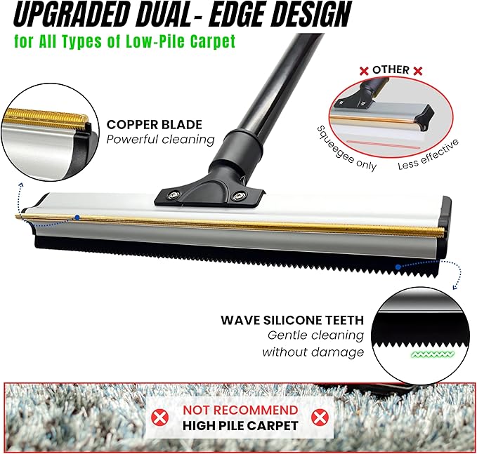 2025 Dual-Edge Carpet Rake for Pet Hair Removal & Fluffing Matted Carpet – 61" Adjustable Handle, Deep Clean Dog & Cat Hair Remover, Reusable Scraper for Rugs, Low Pile Carpet, Couch & Stairs