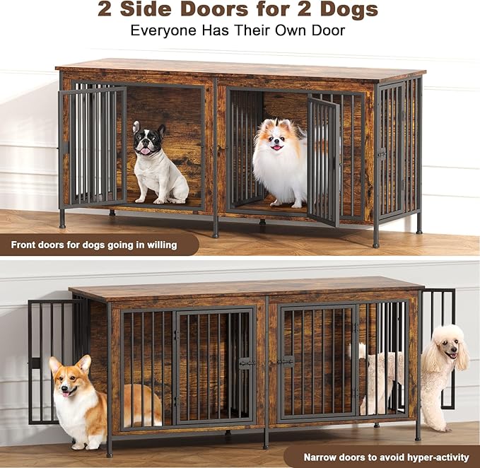 EasyCom 63" Dog Cage Furniture for 2 Pets with Divider, XL Wooden Double Dog Crate Furniture TV Stand for Mideum Breed, Durable and Sturdy