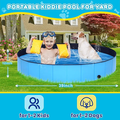 Foldable Dog Pool,39" Collapsible Dog Kids Swimming Pool for Backyard, Portable Kiddie Pool Hard Plastic,Multifunction Ball Pit Pets Bathing Tub for Kids Baby Toddler Dog