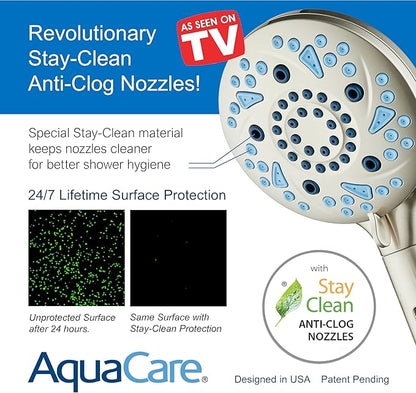 AquaCare High Pressure 10 Spray Mode Filtered Showerhead - Handheld Shower Head Filters Chlorine to Heal Dry Skin, Revive Hair - Dual Power Wash Cleans Tub, Tile, Pets - Hard Water Softener, Nickel