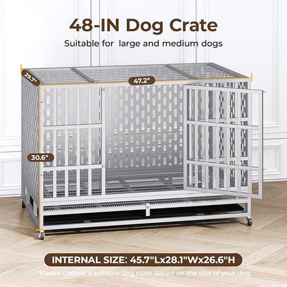 48 Inch Heavy Duty Indestructible Dog Crate Steel Escape Proof, Indoor Double Door High Anxiety Cage, Kennel with Wheels, Removable Tray,Silver,Extra Large XL XXL