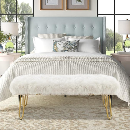 42.5Inch White Bedroom Bench, Benches for Bedroom White Faux Fur Upholstered Bed end Bench, Tufting Bench Indoor Bench with Metal Legs for Living Room Bedroom Dining Room Entryway