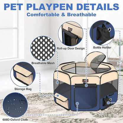 Aivituvin Dog Playpen, Foldable Pet Play Pens with Carrying Bag for Cat, Puppies, Rabbits, Portable Dog Tent Crates Cage for Travel Camping Indoor Outdoor, Removable Shade Cover, Blue M