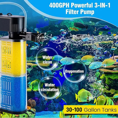 Aquarium Filter for 30-100 Gallons, Ultra-Quiet Fish Tank Filters Biochemical Filtration 400GPH Powerful Pump Submersible Sponge Filter for Large Fish & Turtle Tanks Water Clear Air Supply (18W)