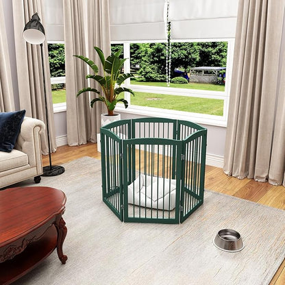 Freestanding Pet Gate for Dogs, Foldable Wooden Dog Gate for House, Extra Wide Indoor Pet Barrier for Stair, Doorway, Hall, Support Feet Included, 120 Inch Wide, 6 Panels 24",Green