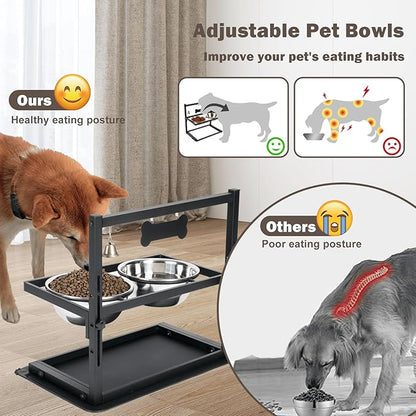 Elevated Slow Feeder Dog Bowls - Raised for Large Dogs, Adjustable Height, 2 Stainless Steel Bowls, Spill Proof Mat, Grey