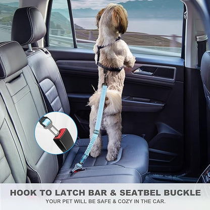 Dog Seat Belt 3-in-1 Car Harness for Dogs Adjustable Safety Seatbelt for Car Nylon Reflective Bungee Fabric Dog Car Harness with Clip Hook Latch & Buckle, Swivel Zinc Alloy Carabiner (Light Blue)