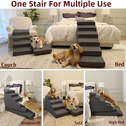 Dog Stair ramp for 30 inch high beds. 6-Step Dog Stair Ramp for 20 to 36 Inch Sofa Beds. Pet Steps for Small, Medium and Large Dogs. Non-Slip, Balanced and Portable. Multifunctional 6 Steps, Gray.