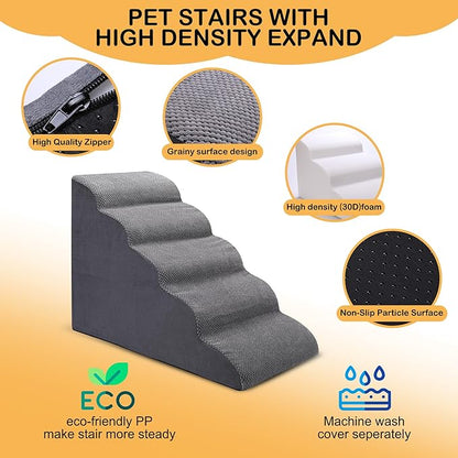 Dog Stairs for Bed, 5 Tier Dog Steps for Couch and High Bed, Non-Slip Pet Stairs, 24" High Sofa Foam Ramp - Best for Small Pets, Older Cats with Joint Pain