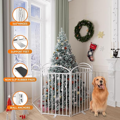 8 Panles Full Matel Freestanding Dog Gates with Door, 192"Extra Wide 36"Tall Free Standing Dog Pet Gate for Indoor & Outdoor. Foldable Pet Fences for Doorways, House, Stairs, Porch, Deck, Yard