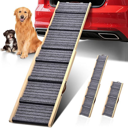 Dog Ramp for Car, 71''x 17'' Extra Long Deluxe Telescoping Design Wooden Pet Ramp, Pet Stair Ramps for Truck SUV with Non-Slip Surface, Portable Outdoor Dog Steps for Medium Large Dogs, Up to 250LBS
