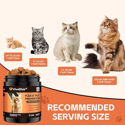 Flea & Tick Treatment for Cats – Natural Flea, Tick & Mosquito Prevention with Brewer’s Yeast, Coconut Oil – Skin & Coat Health, Immune Support – Vet Formulated 200 Chews