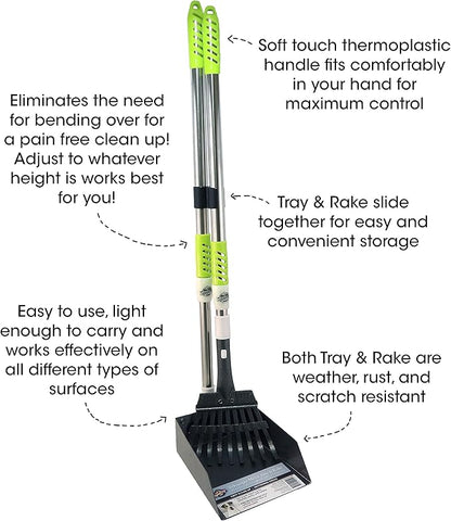 Aluminum Telescoping Metal Handled Poop Tray with Rake Sturdy Lightweight Pooper Scooper Extends 43" Long Scoop Great for Large & Small Dogs (2154)