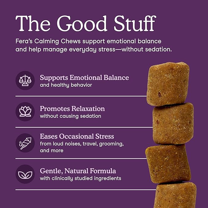 Fera Pets Dog Calming Chews with Ashwagandha & Priome® Mental Wellbeing Postbiotic Blend - Supports Anxiety Relief - Promotes Relaxation - 90 Soft Chews