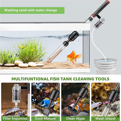 Electric Aquarium Vacuum Gravel Cleaner: 24W Fish Tank Vacuum Gravel Cleaner with Strong Suction for Automatic Water Change Algae Remover Sand Wash Water Shower and Water Circulation, Timed Off