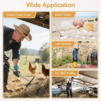 15" Chicken Poop Scooper & Rake, Metal Chicken Coop Scoop for Poop with 24 to 68" Adjustable Stainless Steel Handle, Litter Scooper Sifting Shovel Chicken Coop Accessories