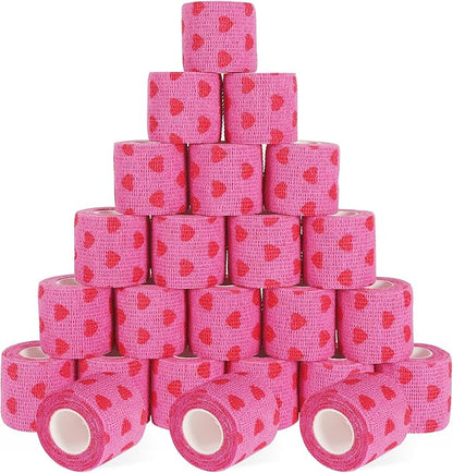 24 Pack Self Adhesive Vet Wrap & Medical Tape, 2 Inch x 5 Yards Cohesive Bandage Wrap - Pink Heart Grip Tape for Ankle, Wrist Sprains, Sports, Pet First Aid