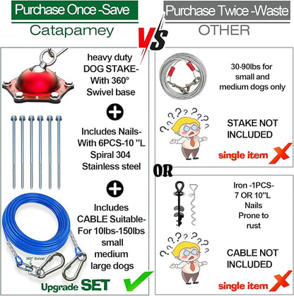 Dog Tie Out Cable and Stake for Yard,(up to 200lbs) 360°Swivel Dog Run Anchors- No Tangle,with 30FT Heavy Duty Tie Out Cable for Dogs,Runner for Yard,Ideal for Outdoor Camping