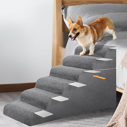 ABORON 𝟲 𝗦𝘁𝗲𝗽𝘀 Dog Steps for High Bed, 26 Inch High Dog Stairs for Small Dogs, Waterproof Pet Stairs for Small Old Large Dogs and Cats with Removable Cover & PE Support Board for Bed/Car/Couch