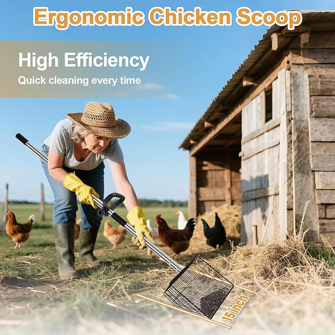 15" Chicken Poop Scooper & Rake, Metal Chicken Coop Scoop for Poop with 24 to 68" Adjustable Stainless Steel Handle, Litter Scooper Sifting Shovel Chicken Coop Accessories