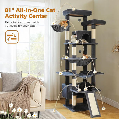 81 Inch Tall Cat Tree for Big Cats & Multi-Cat Homes, Large Heavy Duty Cat Tower with Metal Frame Hammock, 6 Scratching Posts, 2 Condos, 2 Perches, Scratching Pad - Dark Grey