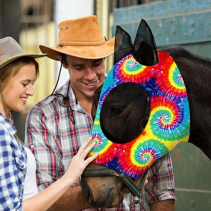 Frienda 4 Pieces Horse Fly Masks with Ears Face Covering UV Protection from Insect Pests Elasticity Smooth Comfortable Mesh Horse Mask Accessories(Tie-dye,Medium)
