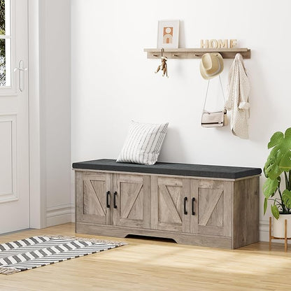 2-Tier Storage Bench, Shoe Bench with Padded Seat Cushion, Entryway Bench with 4 Barn Doors, Adjustable Shelf, 13.8" D x 47.2" W x 17.7" H, for Entryway, Living Room, Bedroom, Greige