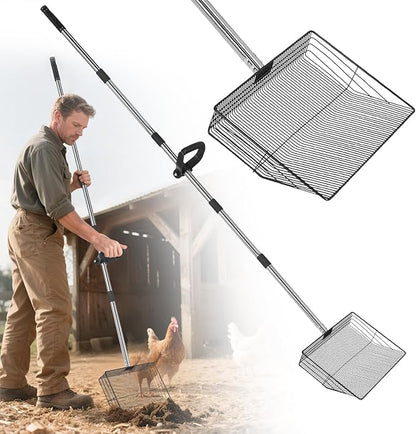 15" Widely Chicken Coop Poop Scooper- Ergonomic Chicken Poop Scooper with 38" to 77" Adjustable Long Handle, Extra-Large Scoop for Sand and Litter, Easy-to-Clean, Multi-Scene Use for Poultry