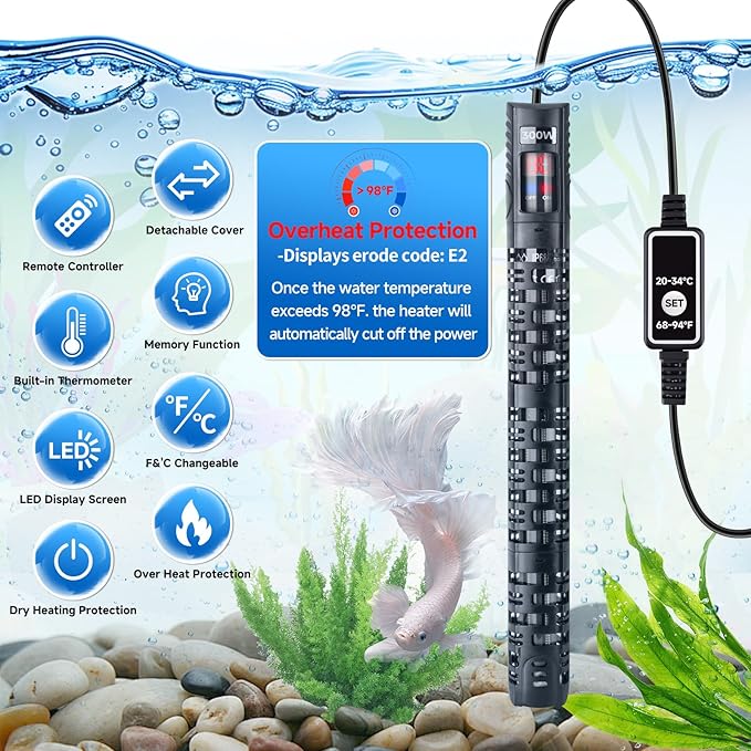 Aquarium Heater Submersible Fish Tank 100W& Turtle Tank Heater with External Adjustment Controller, Included Thermometer, LED Display, Overheat Protection, Detachable Cover, for Saltwater&Freshwater