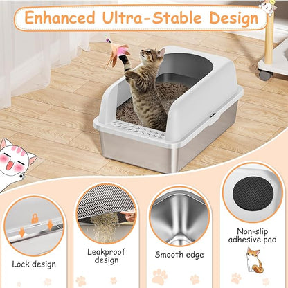 2 Pack Stainless Steel Litter Box, 24'' XL Extra Large Cat Litter Box with Lid, Metal Litter Boxes for Multiple Cats, Anti-Leakage,Non-Stick, Easy to Clean, Included Cat Litter Mat, Scoop