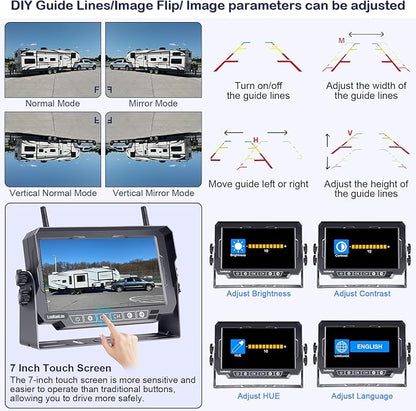 Dual RV Backup Cameras Wireless - Ease Install Plug-Play Recording HD 1080P 7'' Touch Key Monitor Trailer Truck Rear View Cam Night Vision Signal No-Delay 4 Channels for Furrion Pre-Wired Mount