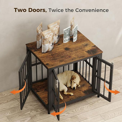 26 Inch Heavy Duty Wooden Dog Kennel End Table with Double Door Design and Secure Locks, Indoor Pet Crate Furniture for Small Dogs, Decorative Home Cage Design,Aged Black