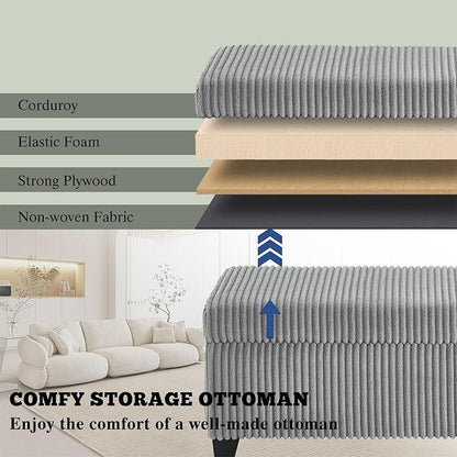 48" Ottoman with Storage, Corduroy Storage Ottoman Bench for Bedroom, End of Bed Bench with Safety Hinge for Living Room, Bedroom, Entryway, Grey