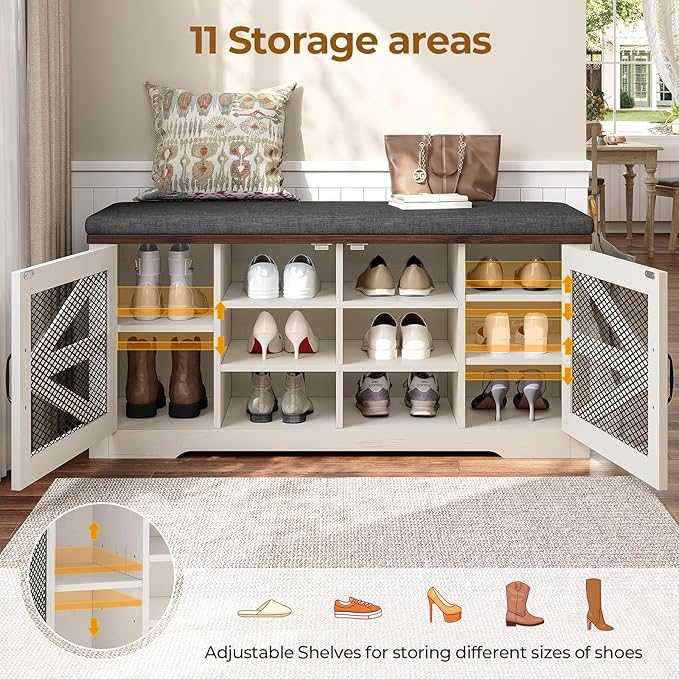 Farmhouse Storage Bench with Cushion, Metal and Wood Shoe Rack Organizer, Adjustable Shelf, Shoe Cabinet with Half Hidden Storage Space, for Entryway, Bedroom, Living Room (Old White, 43.3in)